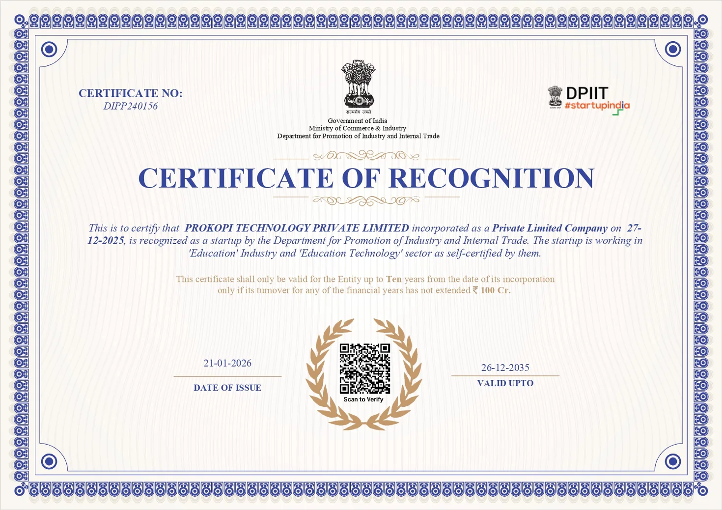 Startup India certificate of recognition for Prokopi Technology Private Limited